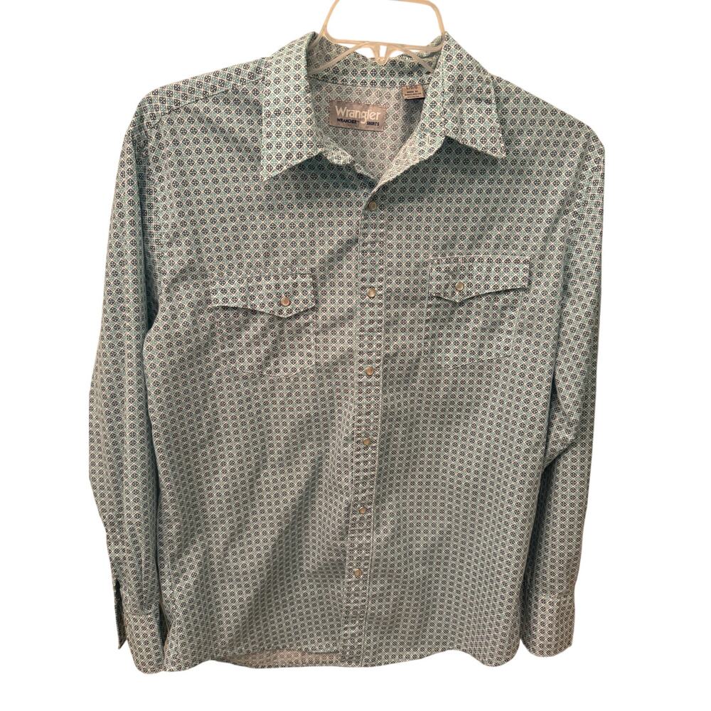 Wrangler Wrancher Men Shirt Size L Turquoise Navy Blue Pearl Snaps
